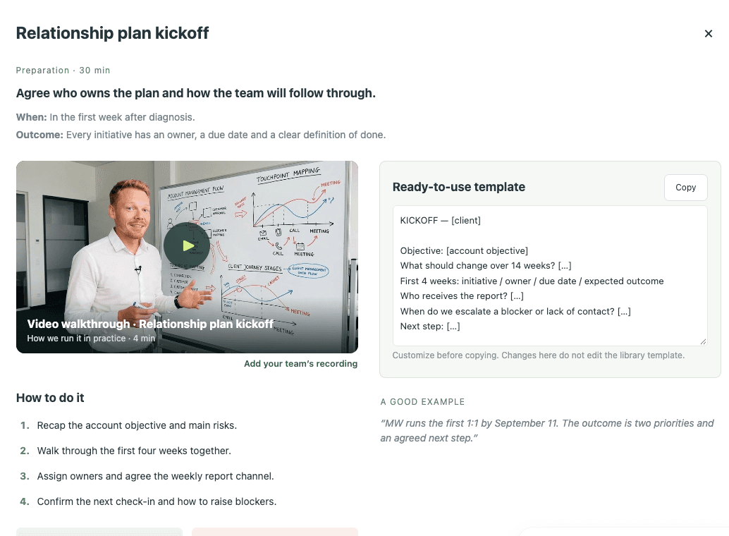 Armando prototype relationship-plan kickoff combines preparation, owners, reporting, and a ready-to-use template.